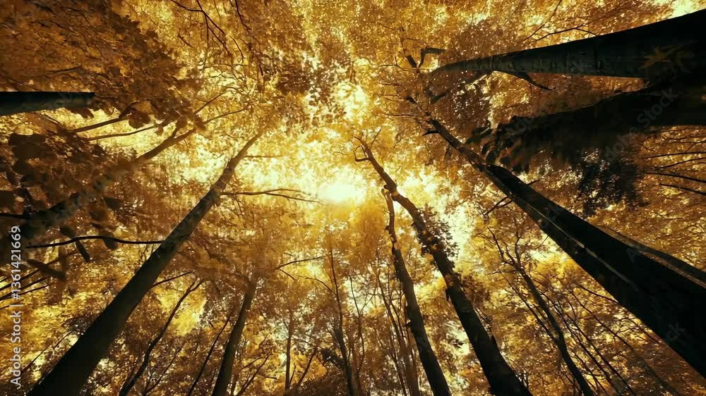 Poster golden sunlight filters through tall trees in a forest during autumn, creating a warm and magical at
