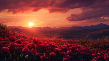 Vibrant sunset over a landscape filled with red flowers and distant hills.