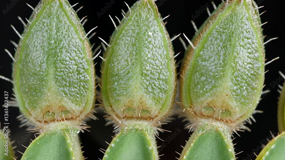 Poster close-up view of green cactus buds showcasing unique textures and shapes in a natural setting
