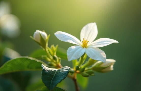 White jasmine flower blooming on plant. Close up of blossom, green leaves. Fragrant flower known as mogra, jui, chameli, mallika, jai in India, sampaguita in Philippines. Springtime blossom, beauty.