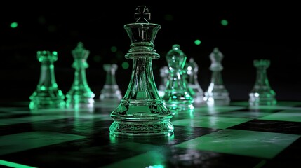 Strategic chess battle indoor arena digital artwork dark environment close-up view concept of competition and strategy