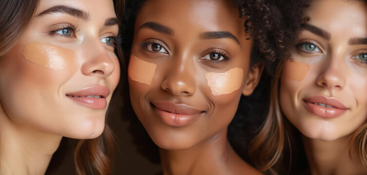Diverse women with foundation swatches on faces, showcasing different skin tones. Beauty product demonstration, makeup test, beauty routine. Portrait of multiracial female models. Diversity concept.