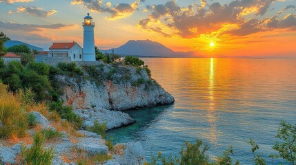 A beautiful lighthouse illuminated during a stunning sunset over ocean waters