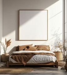 Minimalist bedroom with large square canvas mockup.
