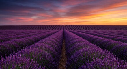 Obraz premium Vibrant Purple Lavender Field at Sunset, Scenic Rural Landscape