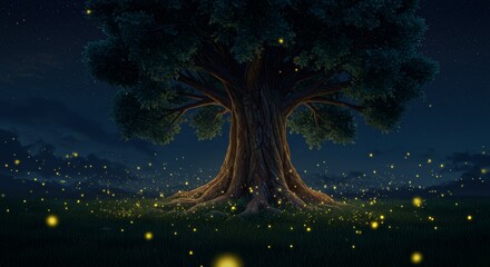 Majestic tree illuminated by fireflies at night  
