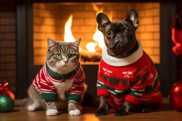 
Cat and dog wearing matching holiday sweaters by a fireplace