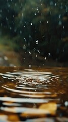 Falling raindrops create ripples in a body of reflective water