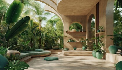 Fototapeta premium Green Innovation Patio Sustainable Architecture with Lush Tropical Plants