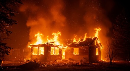 Abandoned house engulfed in flames during nighttime fire  
