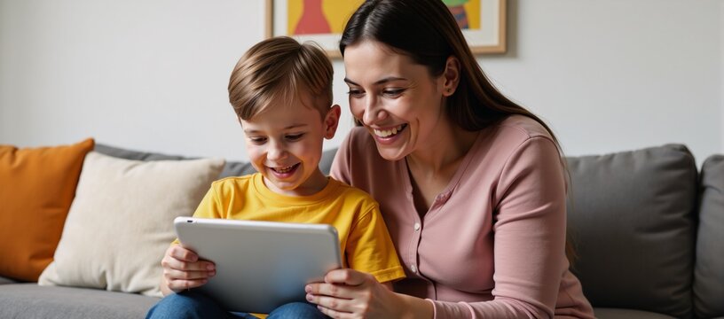 mother and son using tablet computer