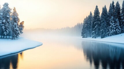 Fototapeta premium Peaceful winter morning reflection serene lake photography snowy landscape calm view nature beauty
