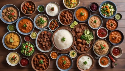 top-down view of a colorful feast on a wooden table. vibrant and diverse food spread with rice, curries, and salads. beautifully arranged buffet-style meal with fresh garnishes.