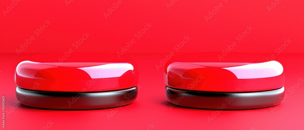 Poster pair of red and black glossy round platforms for product display on seamless red background 3d rende