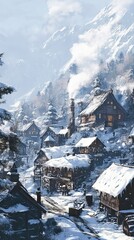Fototapeta premium Winter village nestled in mountains with snowy roofs and smoke