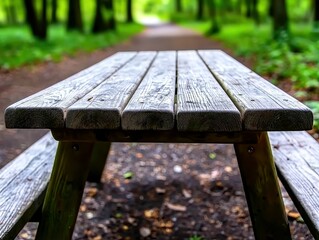 Fototapeta premium Rustic Wooden Picnic Table in Serene Forest Landscape Scene for Outdoor Recreation and Leisure Time