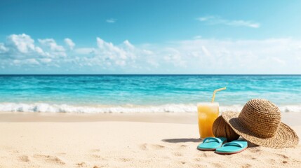 Relaxing beach day sand sun and refreshing drink tropical paradise scenic view vacation vibes