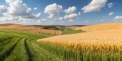 Fototapeta premium Serene landscape with golden wheat fields and green hills under blue sky 
