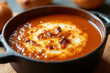 Delicious homemade tomato soup with cream cozy kitchen food photography rustic setting