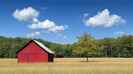 Obraz premium Red Barn in a Golden Field under a Summer Sky: A Peaceful Countryside Landscape