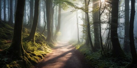 Naklejka premium Enchanted forest path illuminated by soft sunlight 