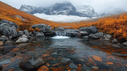 A cold mountain stream flows under a snowy mountain landscape