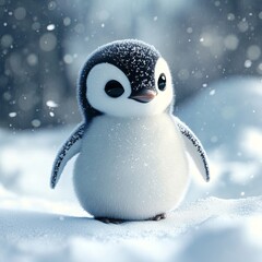 Obraz premium Adorable Baby Penguin 3D Render Winter Snow