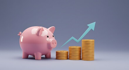 Growing Savings Piggy Bank with Coin Stacks and Upward Arrow