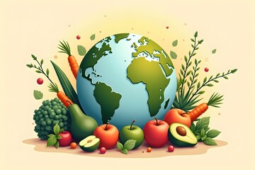 Celebrate World Vegan Day with a vibrant illustration of Earth surrounded by fresh plant-based foods and greenery.