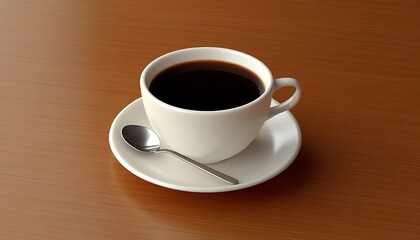 Obraz premium A cup of black coffee on a saucer with a spoon on a wooden table.