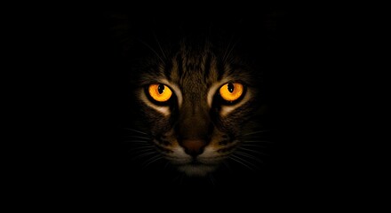 Mysterious cat staring intently with glowing eyes against darkness  
