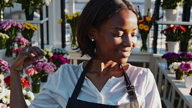 A smiling florist in an apron stands confidently among colorful flowers. The video captures her from a low angle, emphasizing her expertise and warmth.