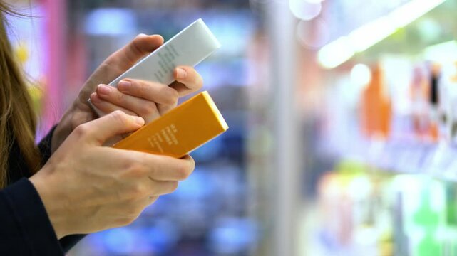 A female customer reading the ingredient labels compares two Skincare or Beauty products. Close-up of a woman's hands in cosmetic store. Makeup selection. Conscious choice. Self-care. Mindful shopping