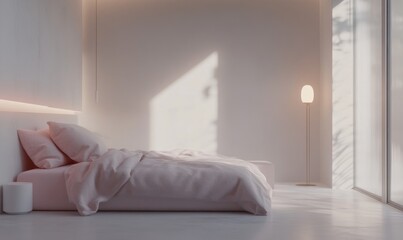Minimalist bedroom with pink bedding, sunlight, and modern lamp.