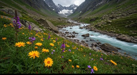 Obraz premium Vibrant Wildflowers Bloom Along a Mountain River