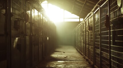 Naklejka na ściany i meble Sunlit animal shelter kennel rows