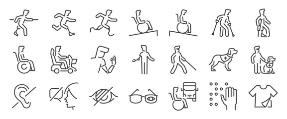 Disability icon set. It includes handicap, accessibility, disabled, human, and more icons. Editable Vector Stroke.
