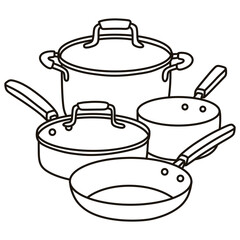 Cookware set with different types of pots and pans. Thin line illustration.