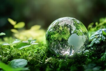 A glass globe resting on vibrant green moss, reflecting nature's beauty, symbolizing environmental awareness and sustainability.