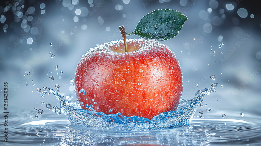 Poster fresh red apple with green leaf splashes into clear water, creating beautiful spray of droplets. vib