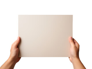A hand holding a beige-colored paper, isolated on transparent background