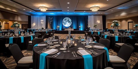 A Ballroom Decorated For A Formal Banquet With Many Tables