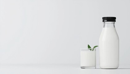 Fresh milk in glass bottle and glass with herbs on white background.