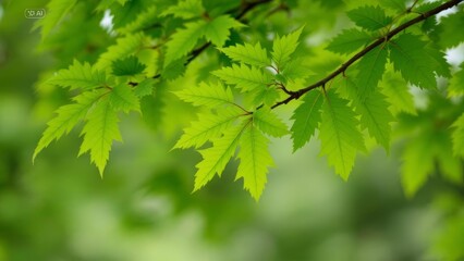 Fresh green maple leaves on a branch in a natural setting  
