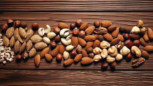 Nutty Arrangement: An inviting array of assorted nuts is artfully arranged on a rustic wooden surface. The nuts boast an enticing array of colors, textures, and sizes, capturing the viewer's eye