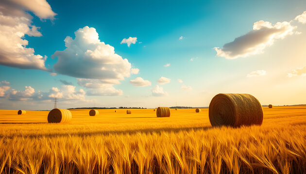 Hay bales in golden field under blue sky scenic landscape agriculture farm harvest rural countryside summer 100