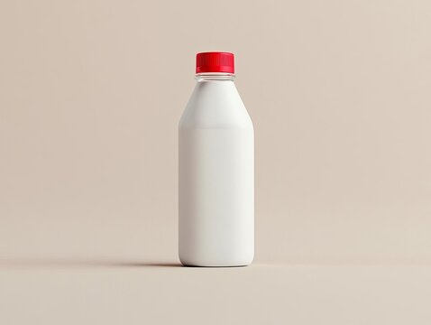A fresh bottle of milk with a red cap against a neutral background. - Powered by Adobe