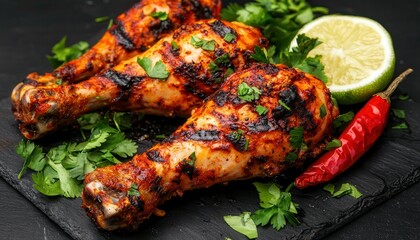 Grilled Chicken Drumsticks with Chili and Lime on a Stone Board Presentation Food Photography