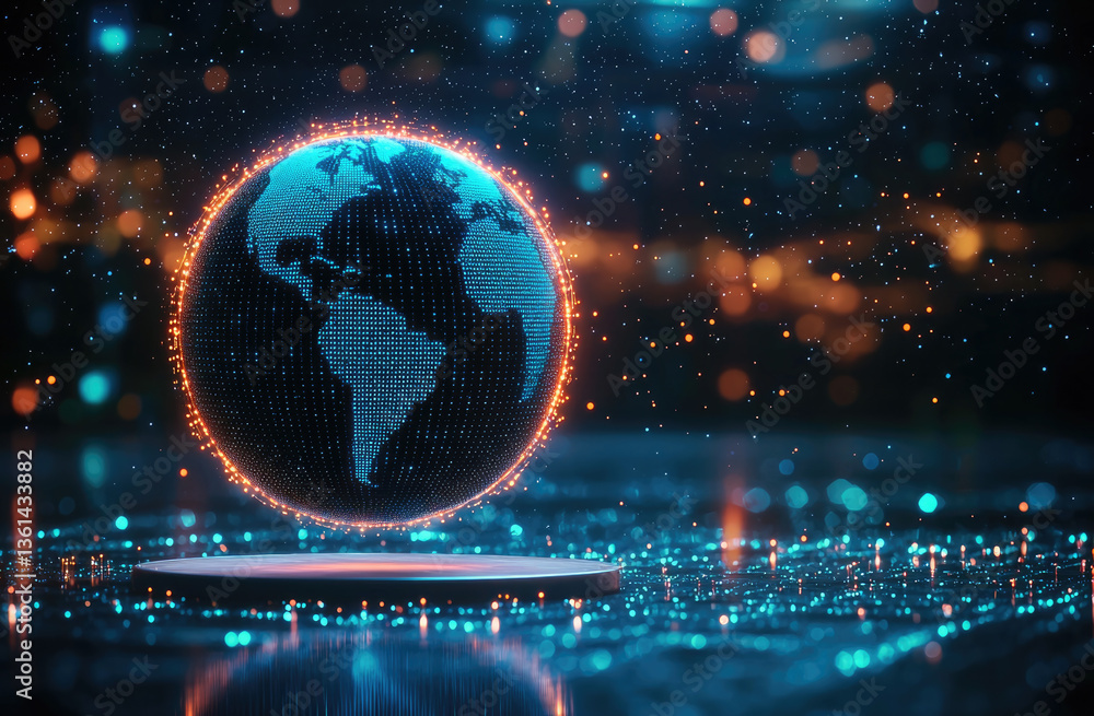 Poster glowing digital globe representing earth, surrounded by shimmering particles and futuristic backgrou