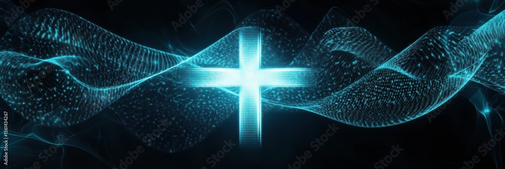 Poster Futuristic medical graphic featuring glowing waveforms and cross symbol in blue and white gradient design Generative AI